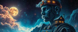 portrait of inter-galatic handsome power broker , the first nation, witchcraft, cyberpunk village, sci-fi, strange chrome vessels, volume light from stars through clouds, goa trance poster