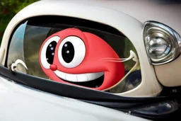 whimsical cartoon car with big eyes and its front grill forming a friendly smile, with a mouse character riding on it.