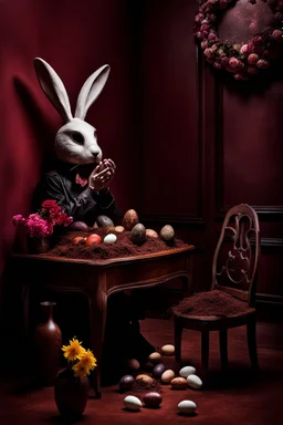 horrori figure in rabbit mask sitting on the floor and eating chocolate around chocolate eggs, brocken vase with flowers, volumetric light, dark colors, surreal dark mood