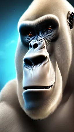 Une créature a l'aspect général d'un gorille avec une tête de loup. Son pelage est blanc neige.