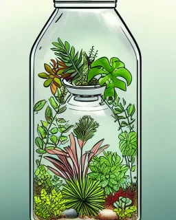 a glass jar terrarium filled with plants, highly detailed, digital art, sharp focus, trending on art station, illustration