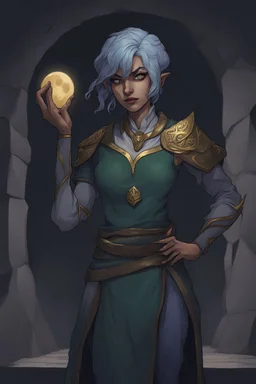 Dnd character in a dark cave. Leaning against a wall. A female Elf twilight cleric with super curly, super short, dark blue hair and golden eyes, wearing gray and dark green robes. A moon tattoo in her face. Etheral, muscular, strong.