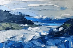 Minimalist Scottish landscape in shades of blue and white impasto oil strokes in the style of frank Auerbach