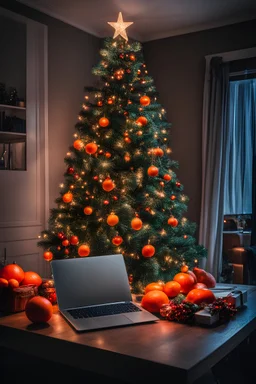 christmas tree with red lights in dark room, table with laptop and tangerines