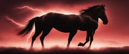 full silhouette of a horse rearing up(on left side, outlined by lighting), plus red sky with lightning bolts(from top right to bottom left), speed force
