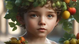 little boy, head and chest, perfect eyes, leaves, fruit, garland, exquisite composition, beautiful detailed intricate insanely detailed octane render trending on artstation, 8k artistic photography, photorealistic concept art, soft natural volumetric cinematic perfect light, chiaroscuro, award-winning photograph, masterpiece, raphael, caravaggio, greg rutkowski, beeple, beksinsk