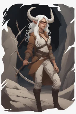 A Dnd character with a long tail and small horns in a dark cave. A female Tiefling archeologist with white skin, white hair wearing glasses, in brown adventurer's clothes. Cunning, beautiful, cool.