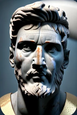 Ultra Realistic image, roman sculpture, white marble material, Lionel Messi, gold winner Laurel crown, miguel angel style, chisel style, emperor, waist up portrait, epic, celestial style, cinematic lighting, God light, god rays, 4k resolution, smooth details, ornate details, soft lighting, unreal engine 5, sky and clouds background.