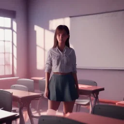 Study girl in classroom ,movie, real photo realistic, unreal engine, cinematic lighting --ar 1:1 creative