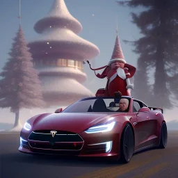 Santa driving his red Tesla convertible car, character design by cory loftis, fenghua zhong, ryohei hase, ismail inceoglu and ruan jia. unreal engine 5, artistic lighting, highly detailed, photorealistic, fantasy