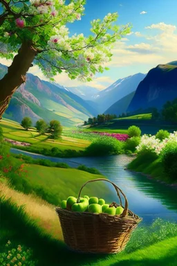 countryside, morning, sun, mountains, green, flowers, clear sky, river, apple tree, basket, sky, grass