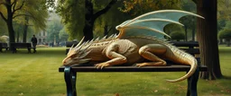master oil painting by Rembrandt, transparent translucent dragon sleeping on a bench in the park