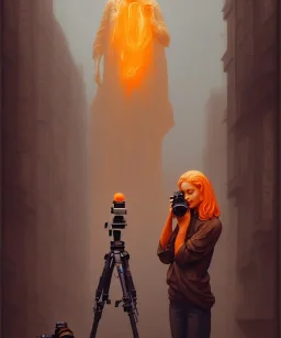 Statue of Queen of photography holding camera in hands. Cute blonde woman. Photographer in golden crown. Standing on the street. Big camera in her hand. hyperdetailed, photorealistic, trending on artstation, greg rutkowski, beksinski, kodachrome, volumetric lighting, gold and orange