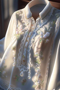 elegant, white lace blouse for women, embroidered with pastel-coloured folk motifs and real pearls, laid out on a bed Nikon D850 highly detailed digital painting sharp focus elegant intricate photorealistic 4k very attractive beautiful award winning fantastic view crisp quality Unreal Engine hdr very cute cinematic postprocessing acrylic art in sunshine