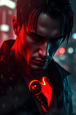 ANIMAL HEART, premium dark-pop industrial rock album cover, cinematic close-up of a charismatic male figure partially obscured in shadow, rain-soaked face, subtle futuristic cybernetic elements integrated into skin, glowing molten heart energy visible beneath chest, red and black chromatic lighting, luxury cyberpunk aesthetic, minimalist but powerful composition, futuristic metropolis bokeh background, heavy atmosphere, smoke and rain particles, emotional intensity, seduction and rebellion, high