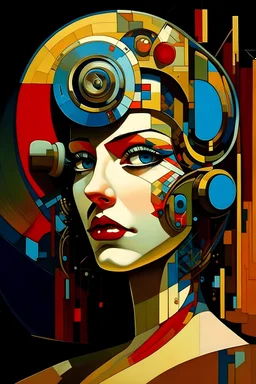 a cubist painting, inspired by Hans Baluschek, digital visionary art, portrait of a mechanical girl, circular face, by jim bush and ed repka, maximalist magazine collage art, cinematic. art deco, 1920s gaudy color, abstract horror, centralized