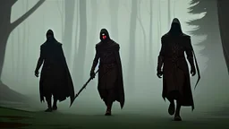 Black robed, hooded monks on the forest path