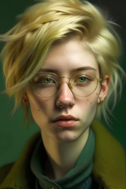 young androgynous girl with dull faded green and blonde hair, found gold glasses, sickly skin tone, and beauty marks, grey-blue eyes,