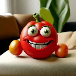 A TOMATO SHE HAS HANDS TWO EYES TWO LEGS A NOSE AND MOUTH SMILING SITTING ON A COUCH