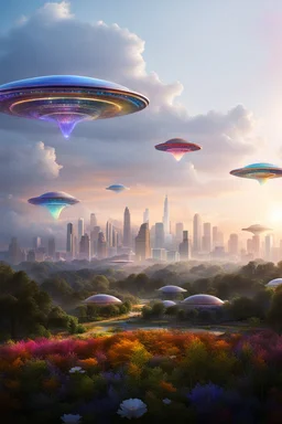 ufo rainbows, cité cristal très futuriste ultra moderne, ufos fleet, intergalactic, dômes de cristal, gardens , flowers