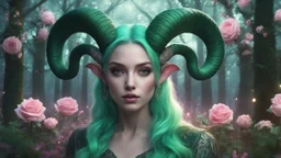 magical ram human hybrid creature with horns wild green colored hair in pastel colored rose forest, trees, flowers, fairy lights, night, 8k, high quality, trending art, trending on artstation, sharp focus, studio photo, intricate details, highly detailed, by greg rutkowski