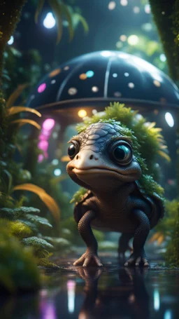 Space ostrich turtle dragon with friendly cute face and hair in dark lit reflective wet jungle metallic hall dome hotel tunnel, in the style of a game,bokeh like f/0.8, tilt-shift lens 8k, high detail, smooth render, down-light, unreal engine, prize winning