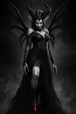 black and white digital art from a demonic dark elf queen in black lace dress and red shooes, , crepy stunning , she looking defiantly in the camera , high detalied, realistic, dark fantasy, thriller, cinematic