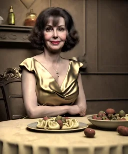 Ultra realistic photographic portrait, happy elegant Gina Lollobrigida woman sitting with arms resting on Italian kitchen table, pretty tortellini dish with olive oil and albahaca, renaissance style decoration, soft color, highly detailed, unreal engine 5, ray tracing, RTX, lumen lighting, ultra detail, volumetric lighting, high definition.