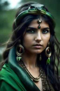 Give me a real picture of a girl with a green Kunda snake on her shoulders
