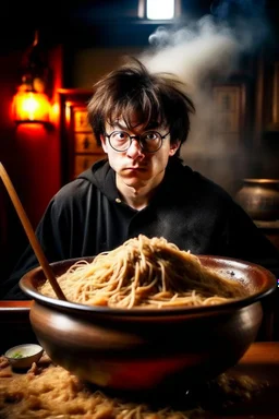 Angry Harry Potter use pot with chinese noodles behind the Hermione