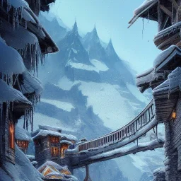 Bridge Chalet on bridges between chasm,mountains cliff, mountain peak,blue sky,detailed facades+beautiful, a bit of snow,richly detailed houses,trees,ornamental flowers +uphill road+biopunk+Book illustration by Gediminas Pranckevičius, Jean Baptiste Monge, Brian Kesinger, Anton fadeev, strong lines, high contrast vibrant colors, highly detailed, 16k resolution