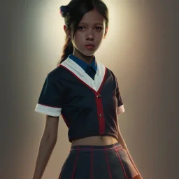 Jenna ortega with black school uniform, seifuku, pleated miniskirt, overknee socks, painted by artgerm and tom bagshaw, fantasy art, dramatic lighting, highly detailed oil painting, volumetric lighting