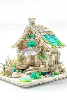 outline art, a miniature house crafted from iridescent seashells, positioned on a sandy beach. The roof is formed from overlapping shells, and the interior is filled with treasures from the sea, only outline, clear line art, white background, no shadows, no tones color, no detailed artwork, clear and well outlined.