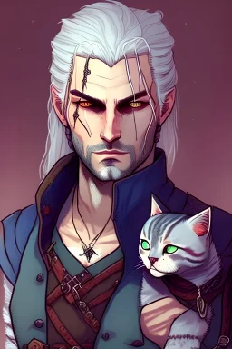 Cute friendly Witcher, playing with cute cats, perfect eyes, perfect iris, graphic novel, style Elisabeth Kreitz