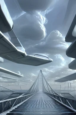 an idea is created of a bridge which has white clouds, in the style of futuristic digital art, grid formations, hall of mirrors, black and gray, photorealistic fantasies, multilayered dimensions, frontal perspective