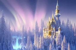  white and gold crystal castle，waterfall, winter snow flakessnow, northern Lights, full of details, smooth, bright sunshine，soft light atmosphere, light effect，vaporwave colorful, concept art, smooth, extremely sharp detail, finely tuned detail, ultra high definition, 8 k, unreal engine 5, ultra sharp focus