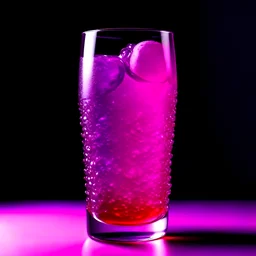 purple grape soda full of bubbles, in a very futuristic glass glass, with ice cubes, on a purple background