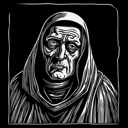 A very simple gothic horror type line drawing of a monk in black and white entirely frame