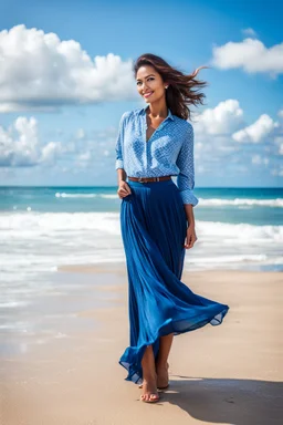 young lady wearing beautiful maxi blue skirt and elegant shirt standing in beach posing to camera ,upper body shot,ships in sea ,blue sky nice clouds in background