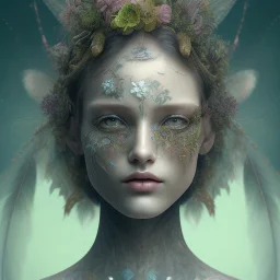 karlan, plant metal, feathers, Dryad, fae, sidhe, butterflies, nature, plants, wildflower background, face tattoo, intricate, oil on canvas, masterpiece, expert, insanely detailed, 4k resolution, cute big circular reflective eyes, cinematic smooth, intricate detail, soft smooth lighting, painted Renaissance style