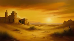 In the style of Renaissance oil painting, a serene desert landscape with ancient ruins and a golden sunset in the background. The sand is depicted as smooth and untouched, giving off a sense of tranquility.