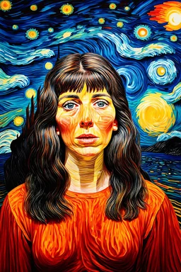 "devoid of personality and desperate for attention"; has a backdrop similar to 'a starry night' with a foreground of a colorful female figure in the style of Edvard Munch; Golden Ratio; Evokes the feelings of Ecstasy and Agony