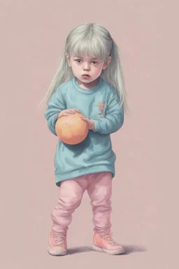 Illustration of billie eilish as a toddler, playing with a ball,style of Marcel Marlier, pastel colors
