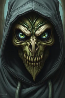 Swamp Thing, hooded character, ominous, facepaint, waist up portrait, intricate, oil on canvas, masterpiece, expert, insanely detailed, 4k resolution, retroanime style, cute big circular reflective eyes, cinematic smooth, intricate detail , soft smooth lighting, soft pastel colors, painted Renaissance stylestyle