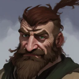 dnd, fantasy, watercolour, sharp, stylistic, portrait, illustration, dull colours, male, dwarf, face, bearded, long brows, frugal, weathered face, green eyes, determined, happy, red hair, very long hair streaming down the shoulders, radiating light, five o'clock shadow, softer facial features, dignified