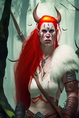 white barbarian woman with red hair, pointy ears and tusks half body shot, in a forest