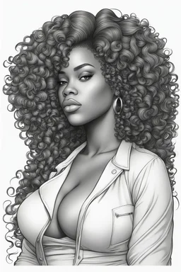 Create a coloring page of a beautiful curvy black female looking to the side with curly hair. No shading, No color, clean lines