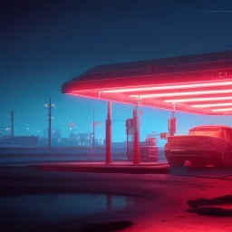 eine tankstelle inmitten auf dem meer, digital part,centered, detailed, 8k, shining, heaven, dampf, cyberpunk art, neon lights, neon signs, night, stars, stadion lichter