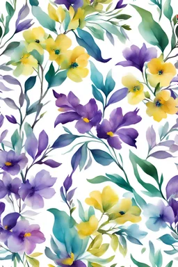 large floral branch with GREEN, purple, LIGHT BLUE, YELLOW, turquoise water color seamless pattern white background