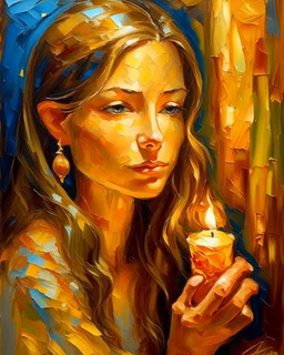 half-body abstract oil painting of a woman delicately holding a glowing candle, her eyes lost in contemplation of the flickering flame. Created in the rich impasto style, expressive brushstrokes bring texture and depth to the scene. Inspired by Pablo Picasso, the artwork shimmers with golden hues, intricate patterns, and organic shapes woven into the background. The warm amber light of the candle softly illuminates her face, casting ethereal shadows and enhancing the